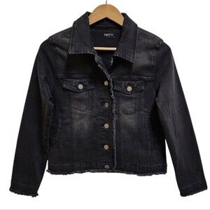 APNY Denim Jacket Women S Black Cotton Blend Graffiti Frayed Button Distressed